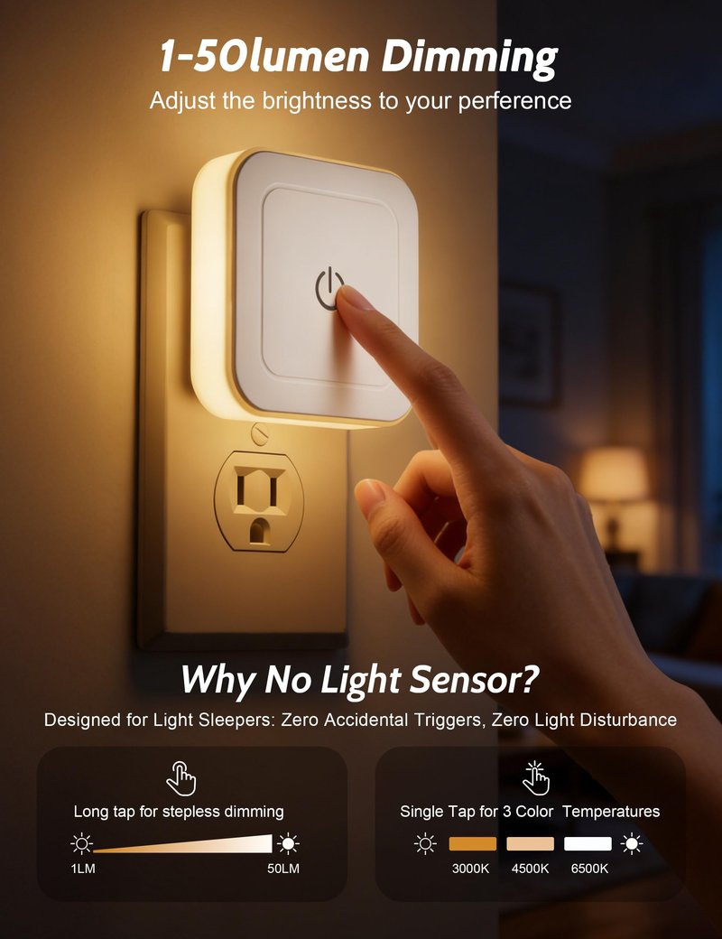 Sujeet Night Light, 4 Pack 1-50LM Stepless Dimming LED Night Light with 3CCT (3000K/4500K/6500K), Night Lights Plug into Wall for Adults, Bedroom, Bathroom, Hallway, Kitchen, Kids, No Light Sensor