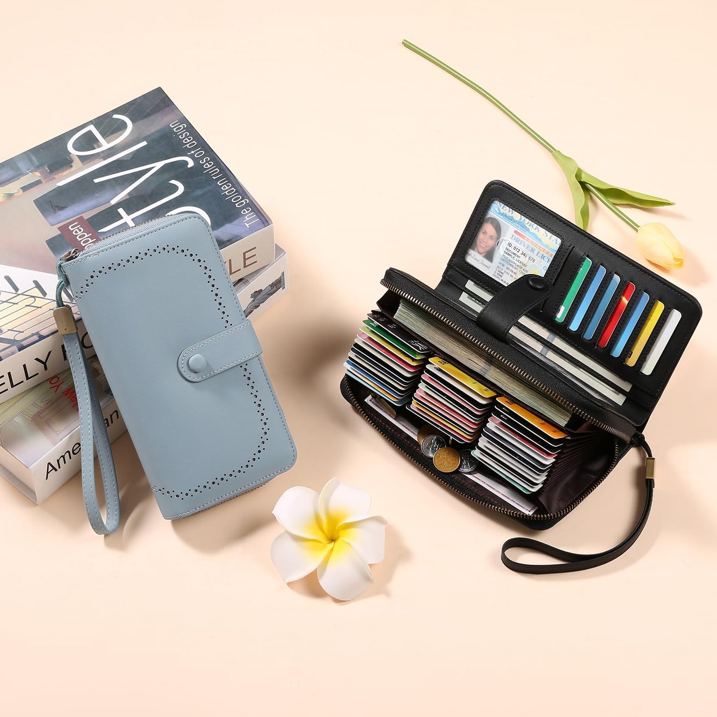 GAEKEAO Leather Credit Card Holder Wallet for Women RFID Blocking Large Capacity Bifold Zipper Card Case Organizer with Wristlet 45 Slots