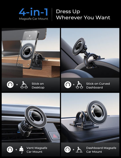 LISEN for MagSafe Car Mount [360° Rotation] Magnetic Phone Holder for Car Vent Phone Mount, Hands Free Phone Mount for Car Accessories, Phone Car Mount for iPhone Includes Vent/Dashboard Mount, Black