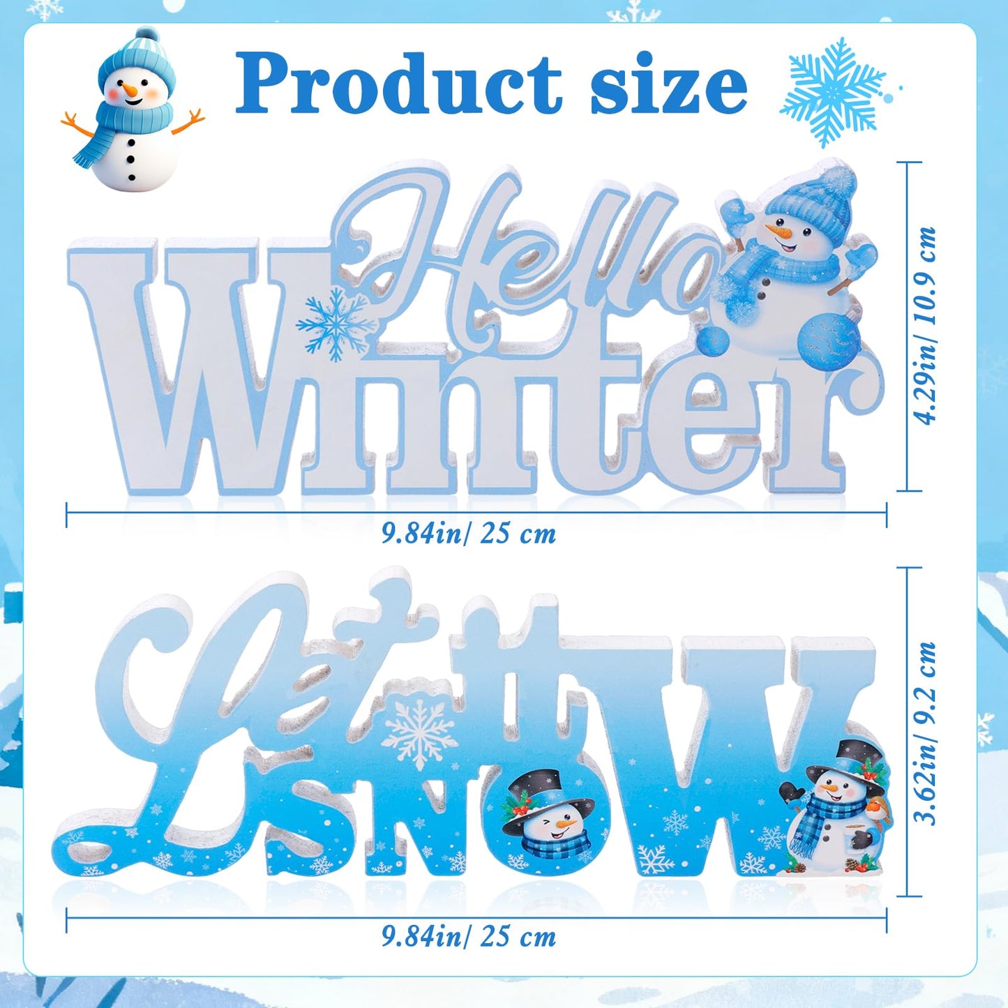 HOWAF 2pcs Wooden Winter Decor Signs, Let It Snow Tabletop Block Sign, Hello Winter Table Centerpiece, Snowflake Snowmen Ornaments for Winters Wonderland Decor Xmas Frozen Tiered Tray Decor