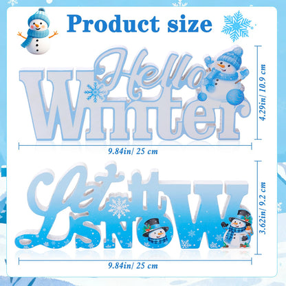 HOWAF 2pcs Wooden Winter Decor Signs, Let It Snow Tabletop Block Sign, Hello Winter Table Centerpiece, Snowflake Snowmen Ornaments for Winters Wonderland Decor Xmas Frozen Tiered Tray Decor