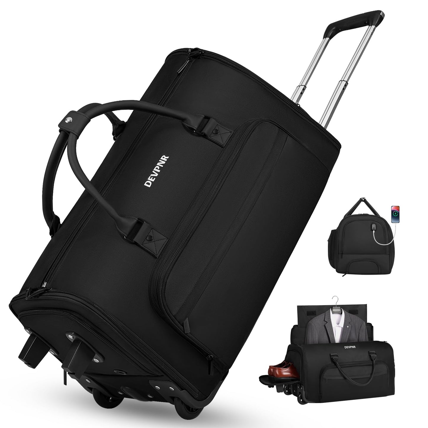 DEVPNR Rolling Garment Bags for Travel, 59L Rolling Duffle Bag with Wheels and Shoe Compartment for Men and Women, 3 in 1 Carry on Convertible Travel Garment Bag with Wheels, Black