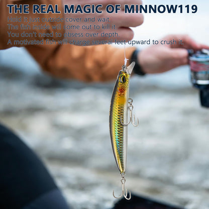 MYSOAS Jerkbait Fishing Lure Minnow 119S, Slow Sinking Saltwater Surf Fishing Lures with Tungsten Weight, Long Cast System, Through-Wire Construction, BKK 4X Hooks, for Halibut Striped Bass Surf Perch