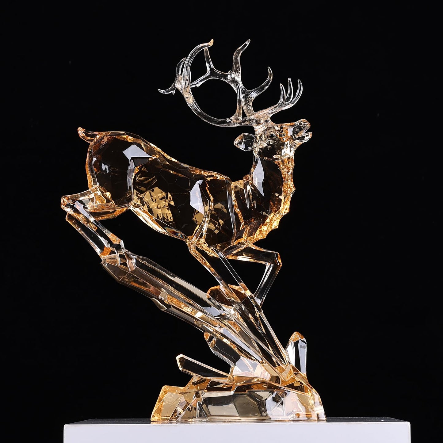 Luxury Acrylic Reindeer Figurine with LED Light for Christmas Decor, Elegant Transparent Crystal-Like Deer Sculpture for Table Shelf Mantel, Reindeer Ornament Holiday Centerpiece (Gold Jumping 11.8")