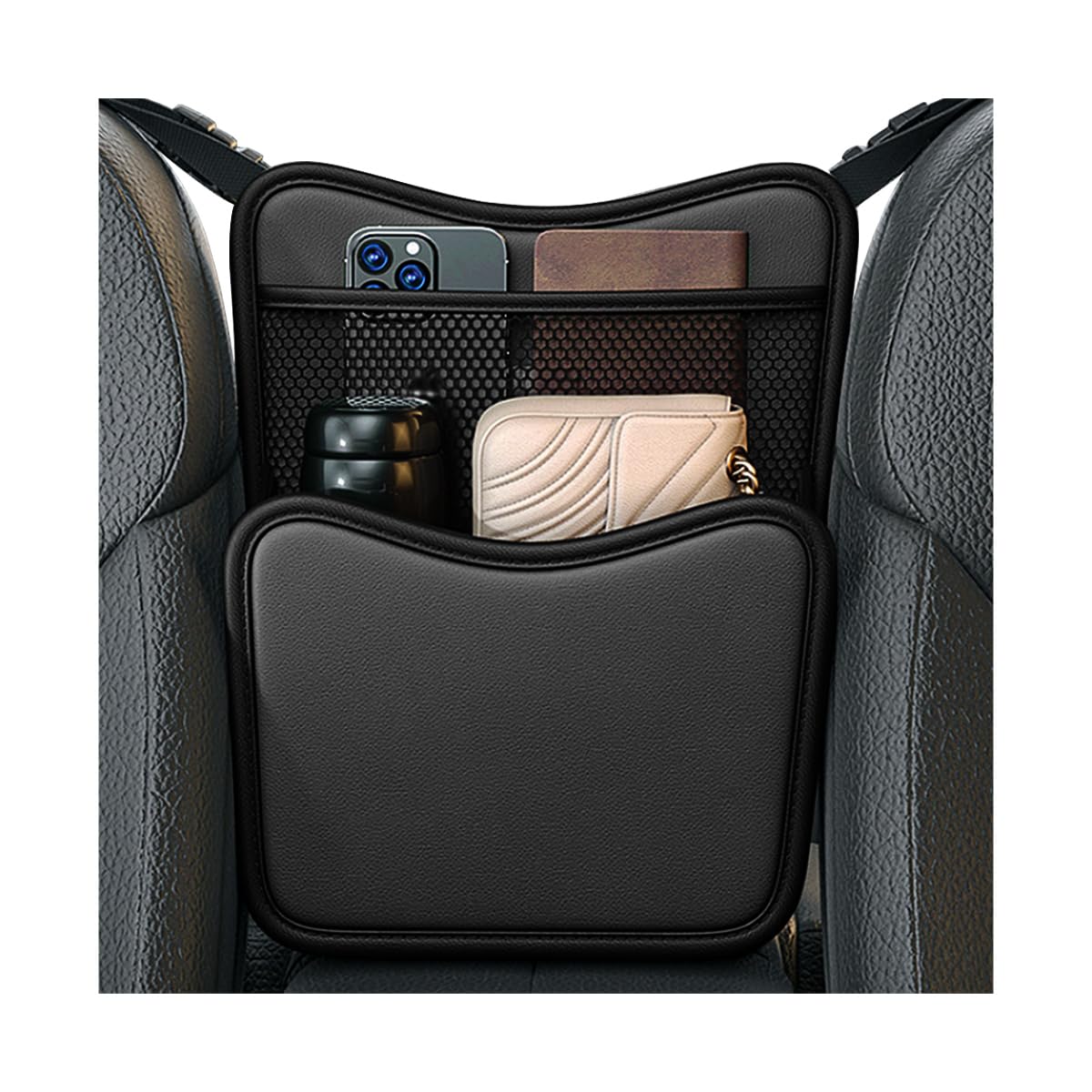 MTRPS Car Purse Holder Between Seats, Nappa Leather Front Seat Storage Bag with Tissue Holder, Large Capacity Automotive Console Organizer for Document Phone Wallet, Car Accessories (Black)