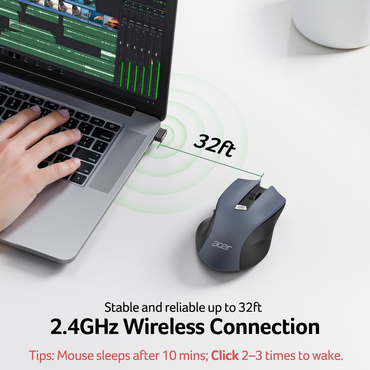 acer Wireless Mouse for Laptop, 2.4GHz Computer Mouse 3 Adjustable DPI Office Cordless USB Mice with USBA Receiver, 6 Buttons, 1600 DPI, Medium to Large Sized Hands Compatible with PC, Laptop, Desktop