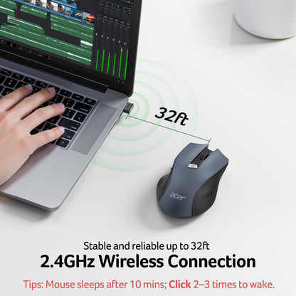 acer Wireless Mouse for Laptop, 2.4GHz Computer Mouse 3 Adjustable DPI Office Cordless USB Mice with USBA Receiver, 6 Buttons, 1600 DPI, Medium to Large Sized Hands Compatible with PC, Laptop, Desktop