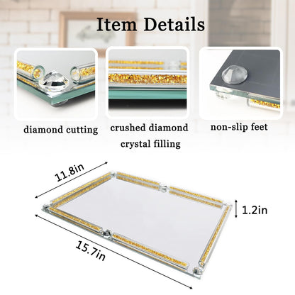 Large Gold and Glass Tray, 15.7" x 11.8" Crushed Diamond Mirror Perfume Makeup Display Tray, Noble Jewelry Trinket Cosmetics Crystal Makeup Organizer for Home Decor,Banquet Party (Golden)