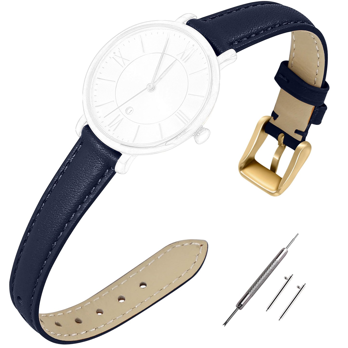 EACHE 12mm Leather Watch Bands for Women Ladies Quick Release Watch Bands Replacement Navy Blue Strap with Gold Buckle