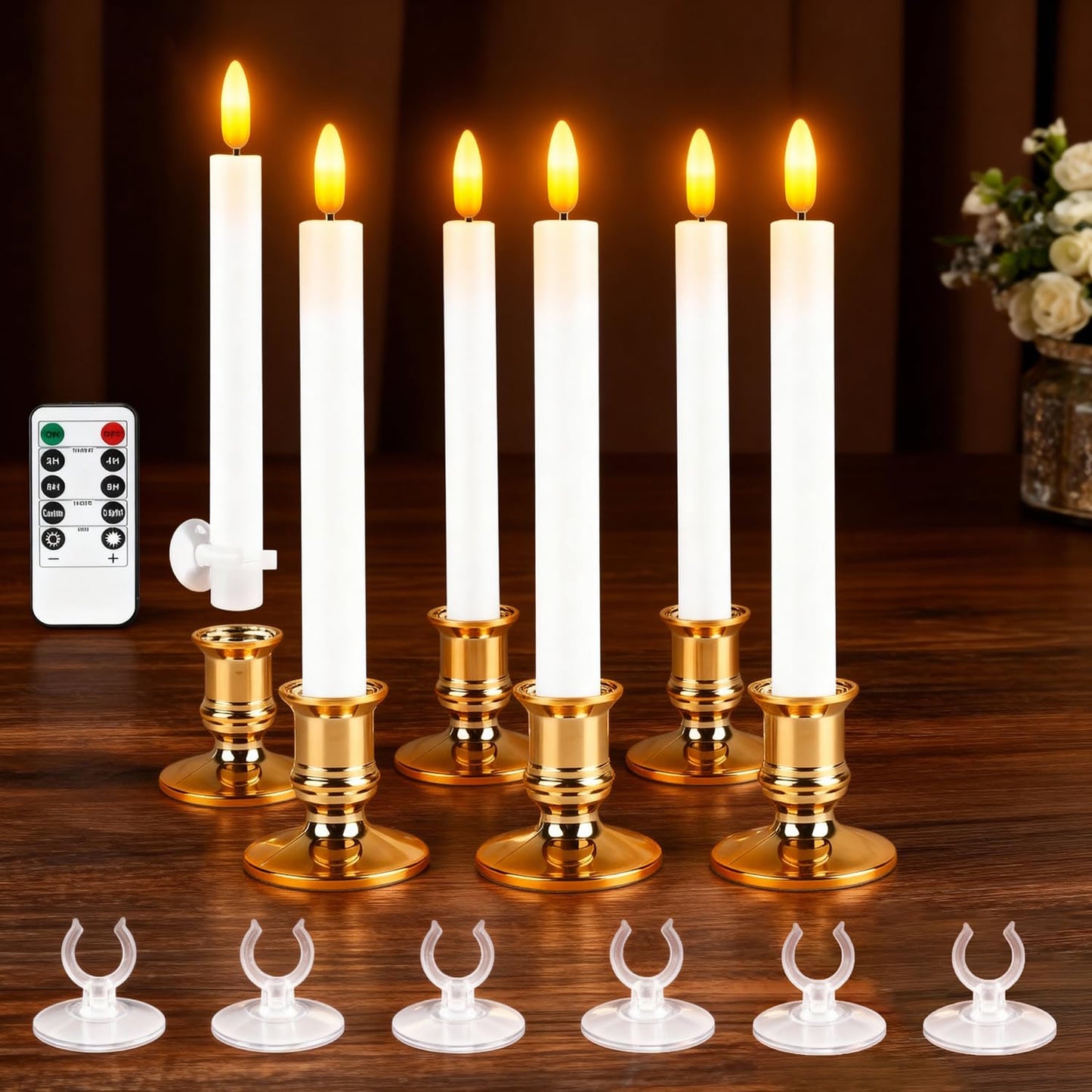 Hoisebecy Christmas Window Candles, 6 Pcs Battery Operated Flameless Taper Candles with Remote, Timer, 3D Wick, Holders & Suction Cups for Christmas, Wedding, Halloween Decor