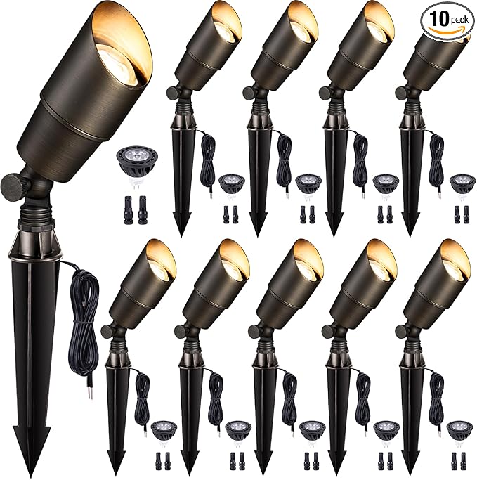 Gardenreet LED Low Voltage Spotlight - 12V AC/DC Bronze Outdoor Light Fixture, Brass Landscape Lights Hardwired, Weather Proof for Wall Wash Flag with Neutral White MR16 Removable Bulbs (10 Pack)