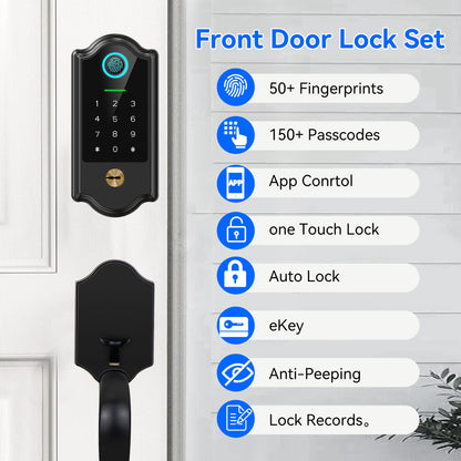 Smart Fingerprint Door Lock for Front Door – Keyless Entry Deadbolt with Handle Set, Digital Keypad, App Control, Auto Lock, Easy Install, Matte Black