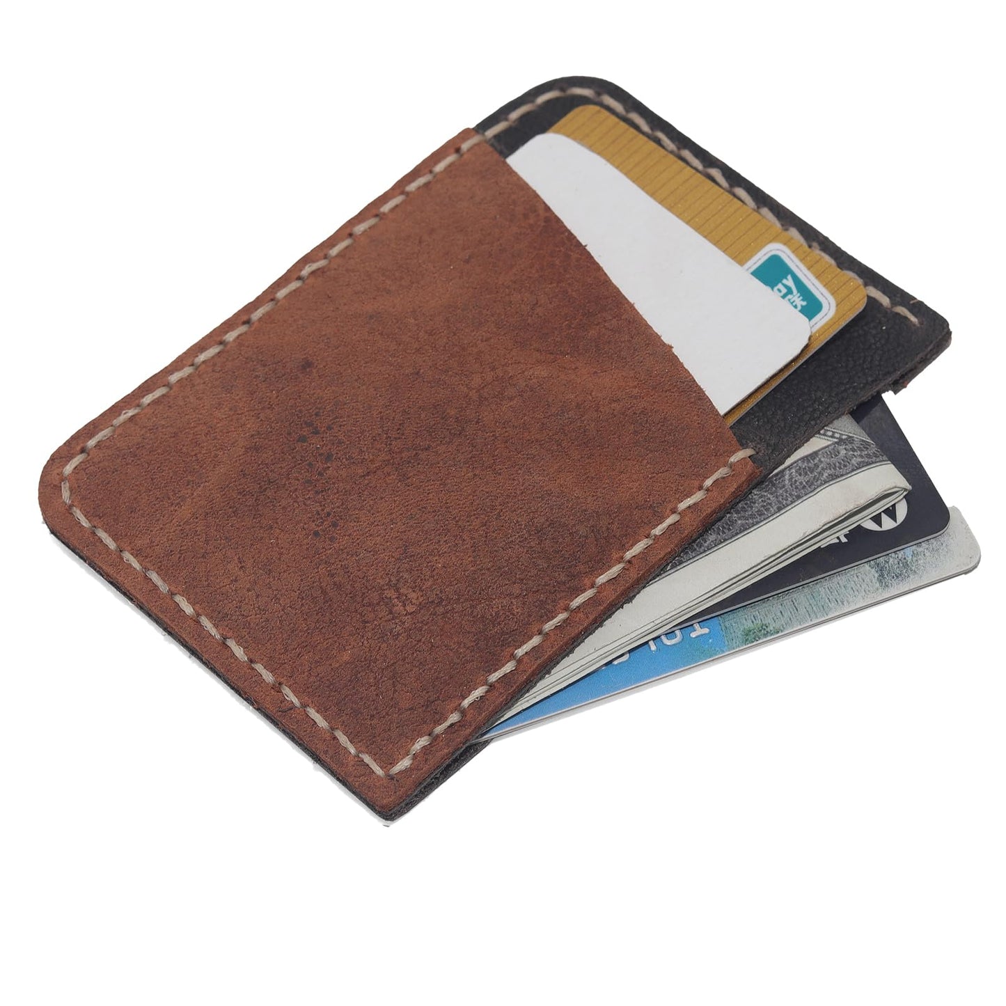 Handmade Genuine Leather Slim Front Pocket Wallet for Men & Women - Ultra Thin Minimalist Card Holder with Cash Slot (4.2×2.8×0.1 inches) - Brown & Black Contrast Design, Perfect Everyday Carry & Gift