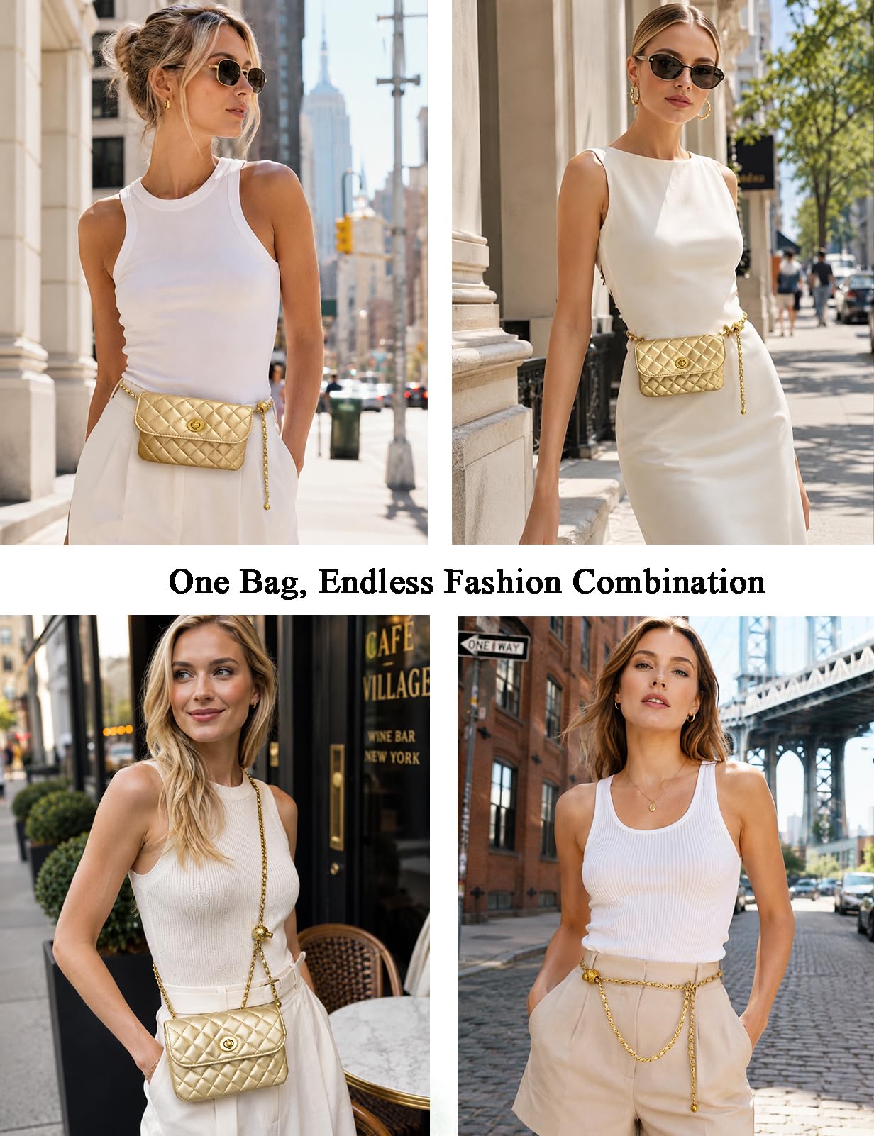 BEMYLV Leather Chain Belt Bag for Women Gold Crossbody Phone Purse Adjustable Fanny Pack Fashion Waist Purse Evening Clutch Detachable Mini Handbag
