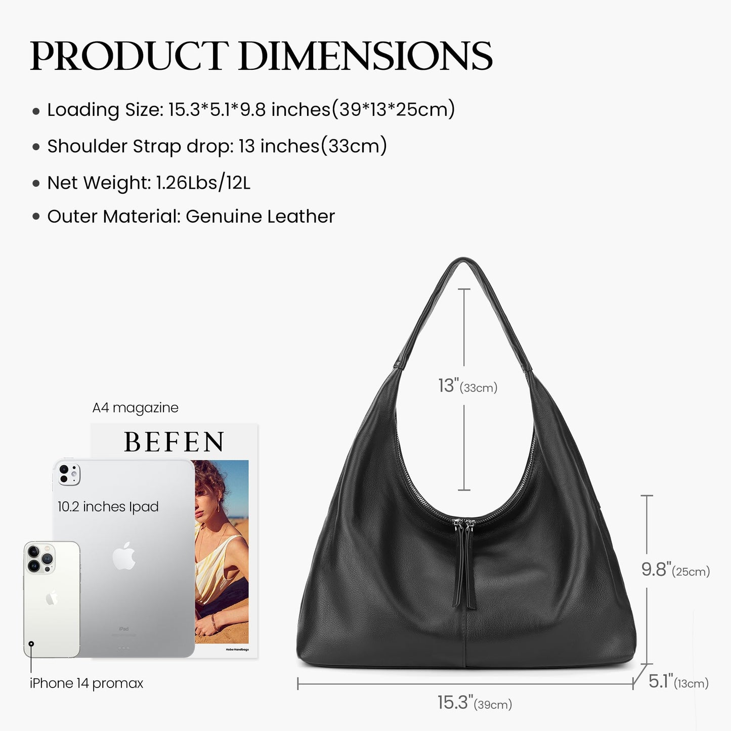 befen Leather Slouchy Hobo Bags for Women, Ultra Soft Full Grain Leather Large Tote Bag,Lightweight Tote Purses Foldable Black Shoulder Handbag, Oversized Hobo Bags for Women Work Travel