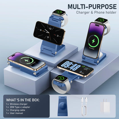 Magnetic Wireless Charger Stand, 3 in 1 Foldable Wireless Charging Station with 20W Adapter, Travel Charger for Multiple Devices for iPhone 17 16 15 14 13 12 Pro/Max/Plus/Mini, iWatch, AirPods