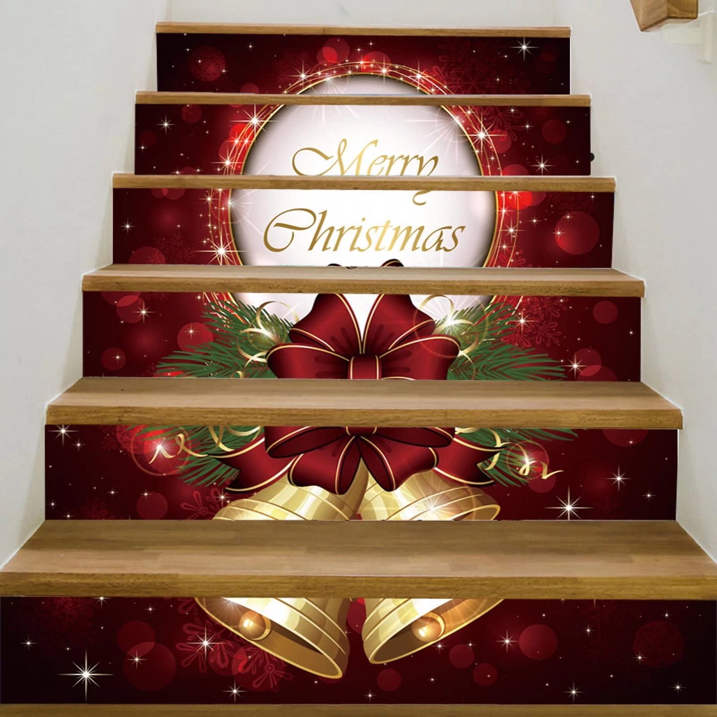3D Christmas Stair Stickers Decals Staircase Decals Removable Tile Stair Risers Decals Xmas Home Decor 39.3" W X 7" H X 6 Pieces,Red Merry Christmas Bell