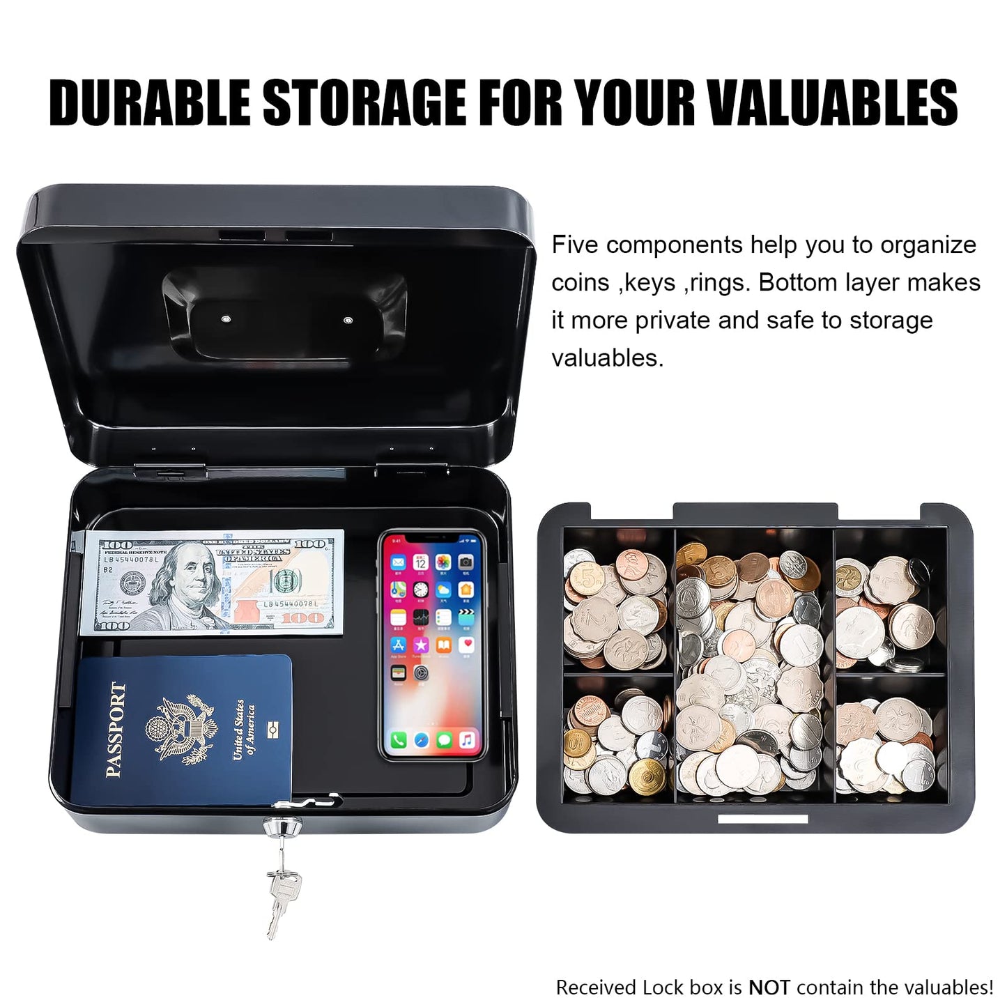 KYODOLED Large Cash Box with Removable Money Tray, Key Lock Metal Storage Box with 2 Keys & Portable Handle, Safe Cash Drawer, 9.84"x 7.87"x 3.54", Black Large