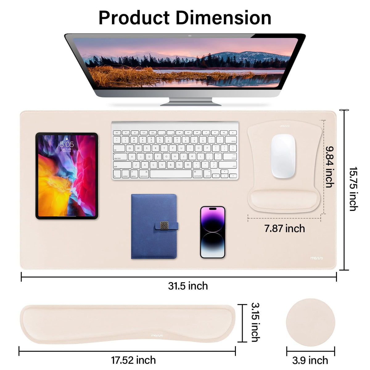 MOSISO Keyboard Mouse Pad Set, Large Gaming Mousepad&Keyboard Wrist Rest&Mouse Wrist Rest&Coaster, Ergonomic Non-Slip Mousepad&Easy Typing Cushion with Memory Foam for Home Office, Apricot