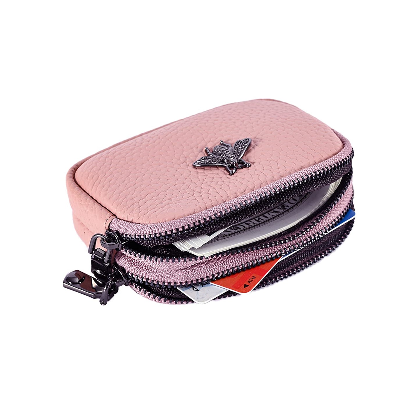 Yocipa Genuine Leather Coin Purse for Women Small Double Zipper Wallet Mini Change Pouch with Bee Charm for Cash Cards Keys Cute Compact Organizer (Pink)