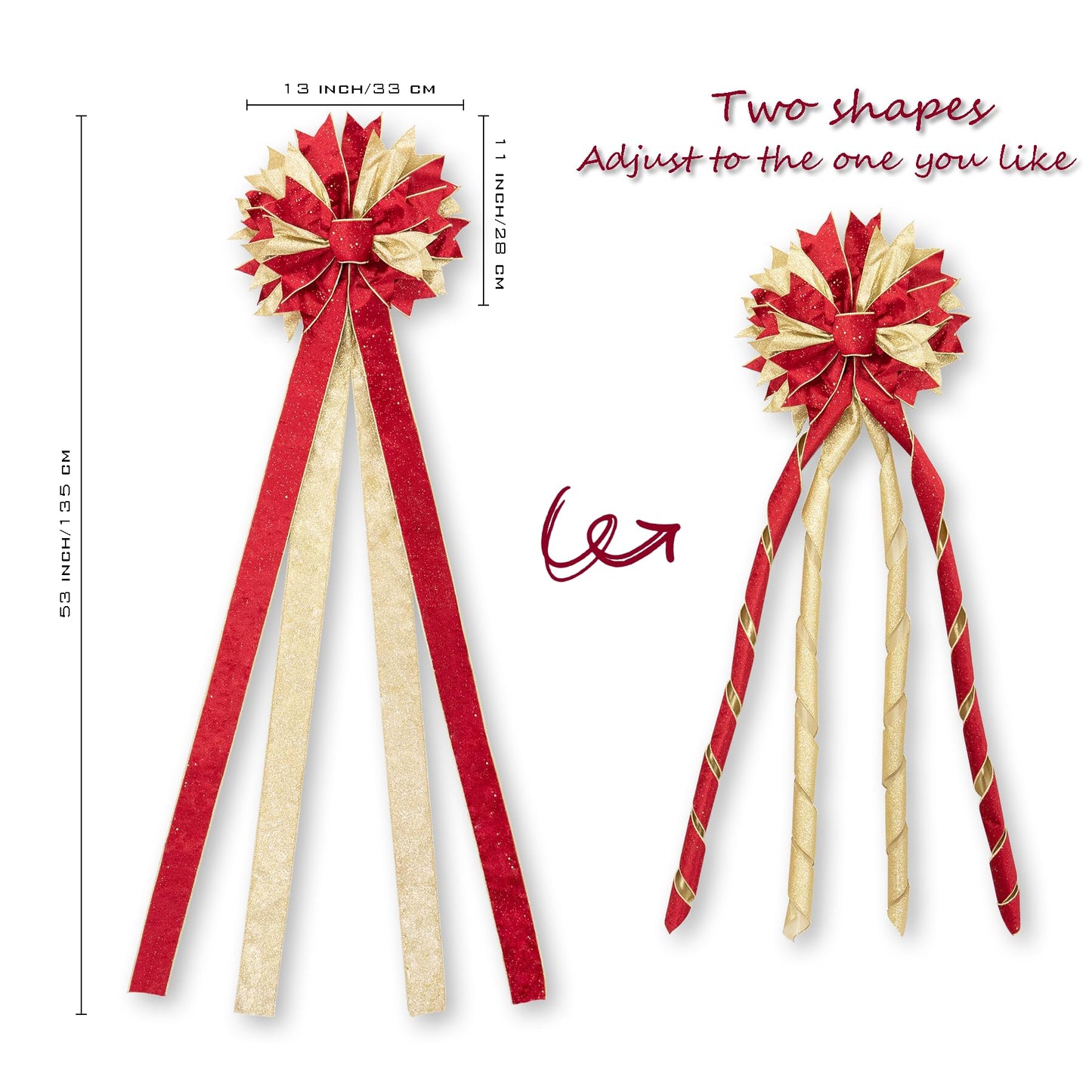 Hismir Christmas Tree Topper Bow, 53x13 Inches Large Christmas Bow with Glitter Streamer, Decorative Ribbon Bows for Xmas Tree Wreath Door Festival Home Decor(Red & Gold)