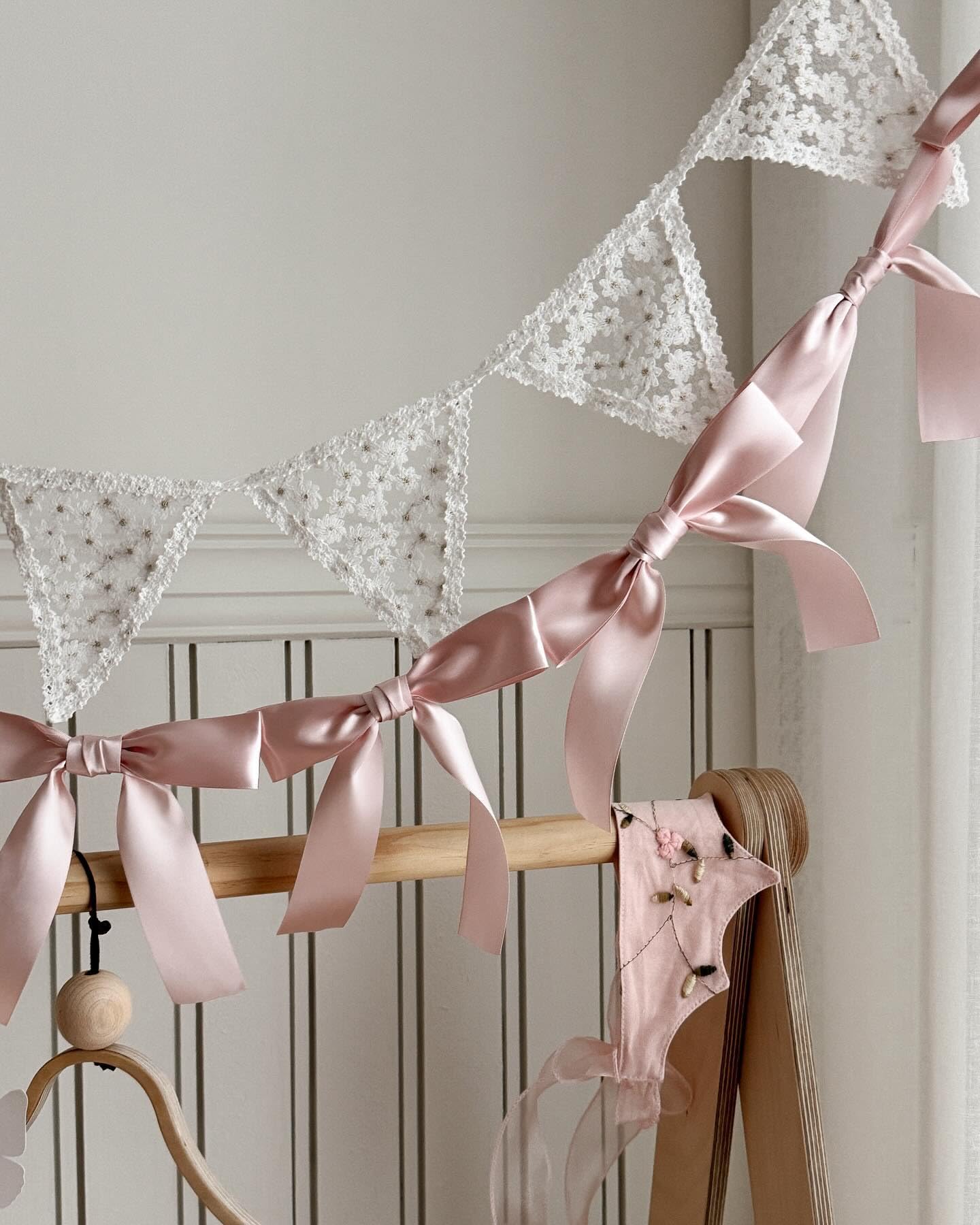 Eanjia Bow Knot Garland | 6ft Linking Satin Bow Banner with 3ft Extend Ribbon for Coquette Bachelorette Party, Baby Shower,Bridal Shower Wedding Baby Room Bed Decor (Lace Pennant Banner, 4.9ft)