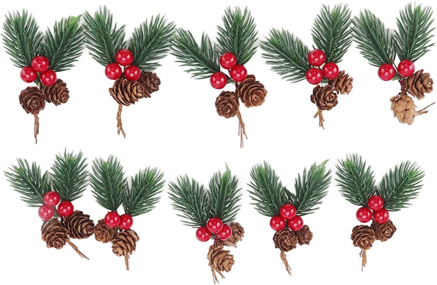 Veloshine 10Pcs Christmas Floral Picks with Pine Cone and Holly Berry, Red Berry Branches with Greenery for Holiday Home Decor
