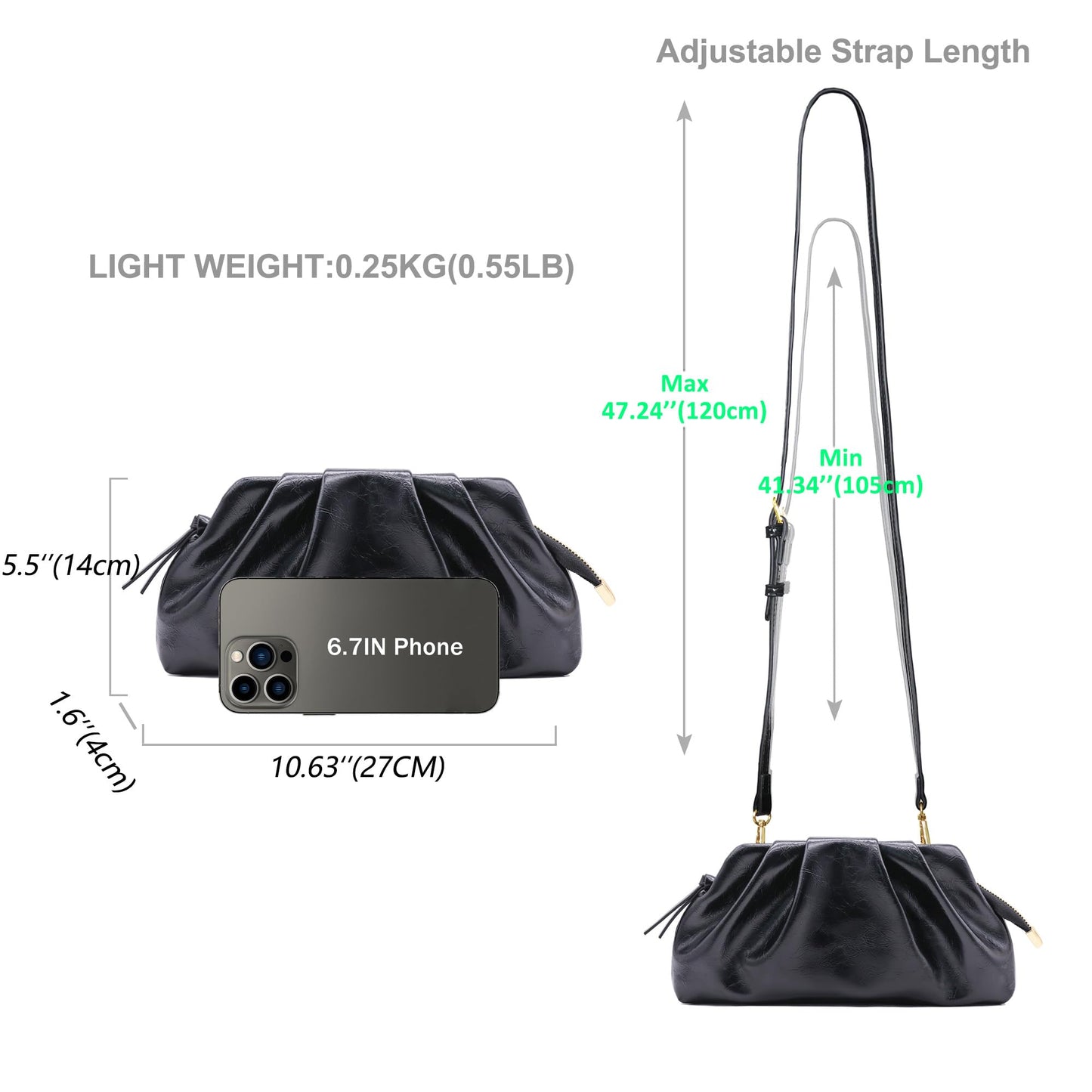 Milisente Clutch Purses for Women Shiny PU Leather Pleated Evening Clutch Bag With Shoulder Strap for Formal Wedding Prom (Black)