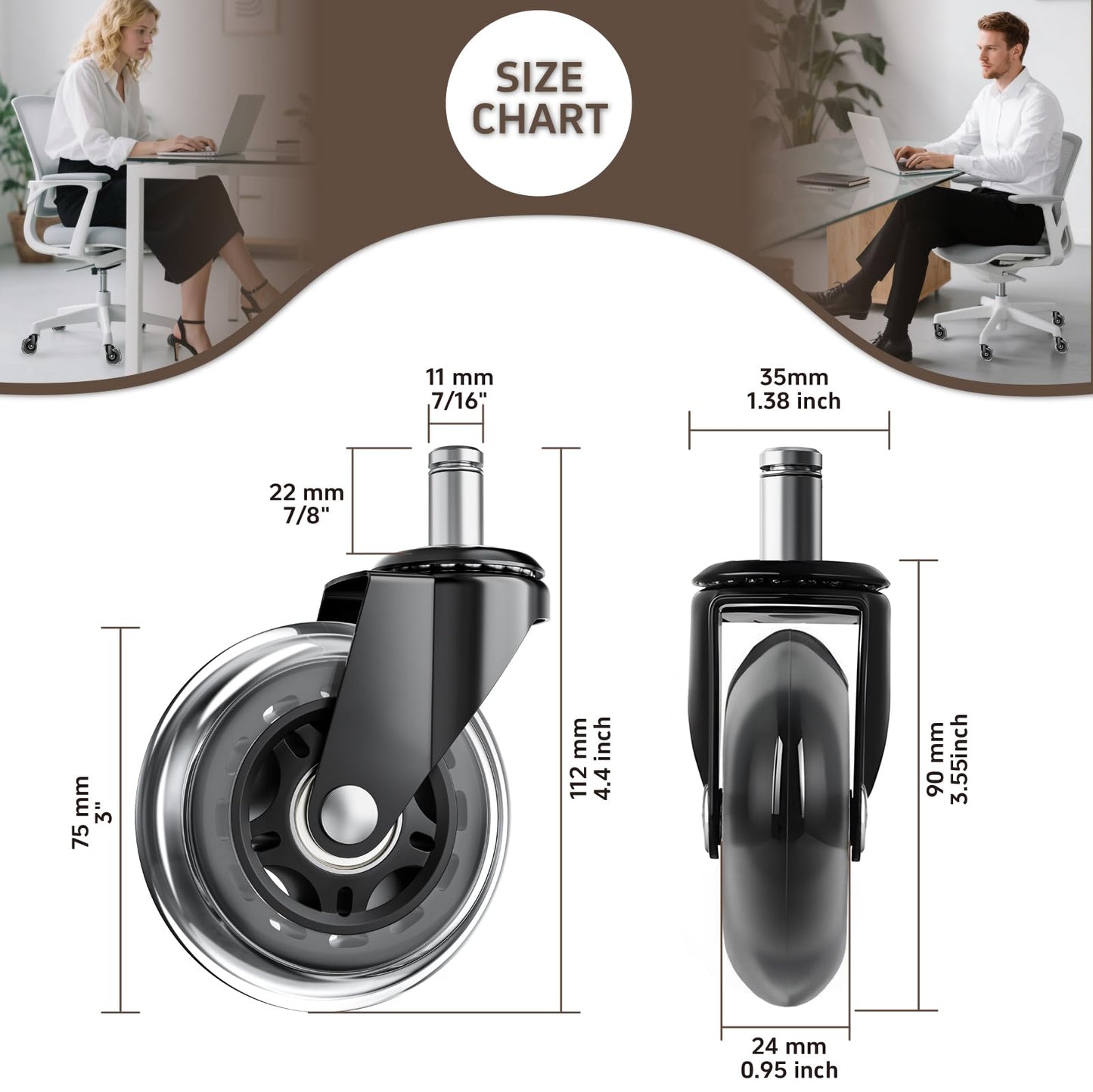 ASHGOOB Office Chair Wheels, Set of 5 Caster Wheels Office Accessories, 3 Inch Heavy Duty Casters for Chairs to Replace Office Chair Mats, Smooth & Quiet Universal Fit for Most Chairs(5 Pack)
