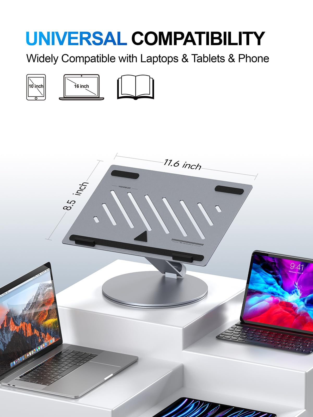 YICOSUN Adjustable Laptop Stand for Desk - 360° Rotating Ergonomic Riser with Aluminum Cooling Vents & Sturdy Construction for 10-16 Inch MacBook Pro/Air, Foldable Portable for Office & Home - Gray