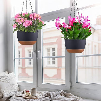 Set of 2 10 Inch Self Watering Hanging Planters for Indoor Outdoor Plants, Color Blocking Hanging Baskets Flower Pots with Drainage Hole & Removable Water-Storage Tray and 20" Chain Hanger