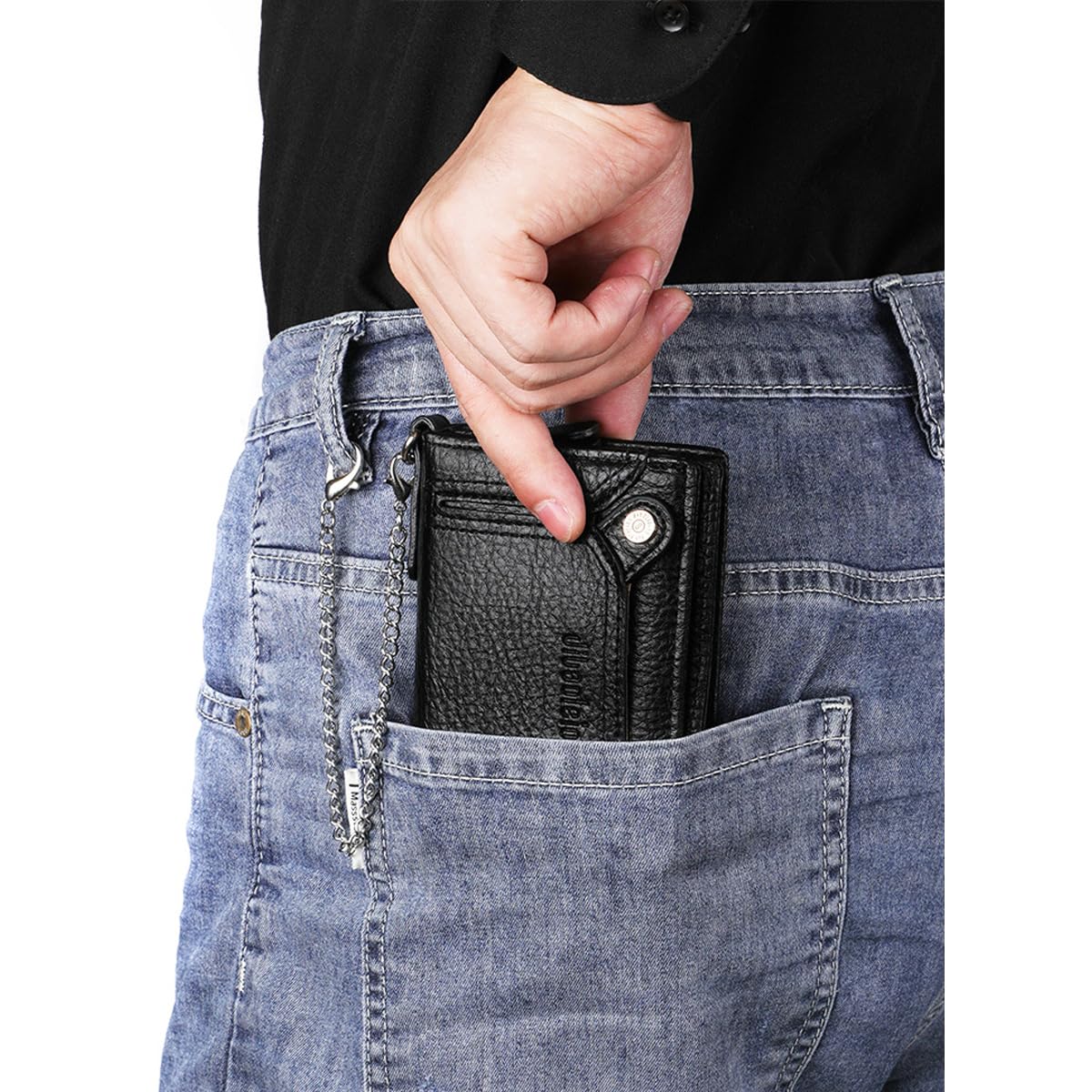 aolaso Wallet with 2 pcs Chain for Men Faux Leather Bifold Wallet Zipper Coin Pocket Purse Anti-Theft Chain Mens Gift (Coffee)