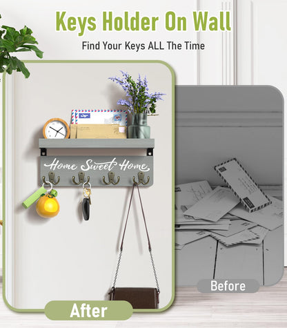 buways Key Holder Wall Mount with 4 Double Hooks-Solid Wood Wall-Mounted Organizer for Keys&Mail Rustic Key Rack Hanger Holder Home Decor for Entryway Living Room (Gray)