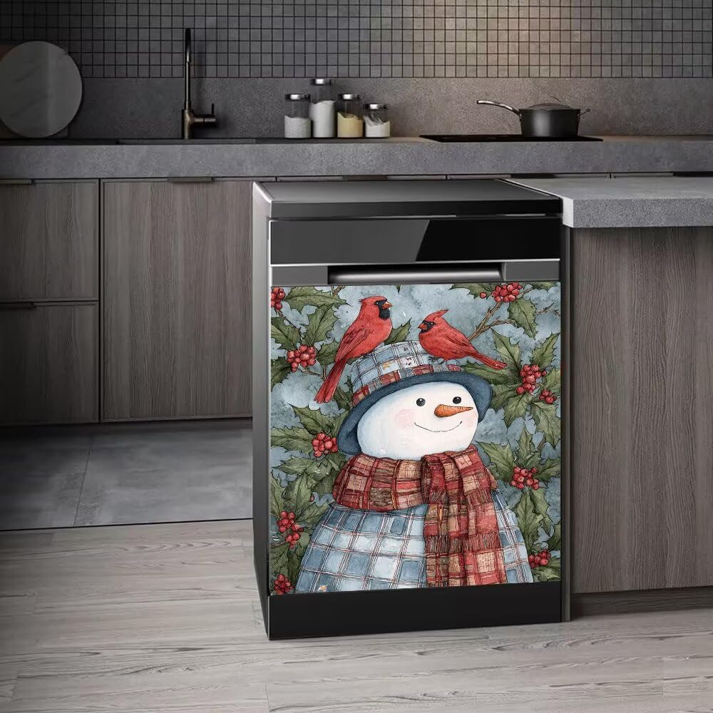 Snowman Dishwasher Magnet Cover - Holiday Kitchen Christmas Decorative, Cardinal Birds Magnetic Dishwasher Cover, Xmas Wreath Decal Dishwasher Magnetic Sticker, 23"x26"