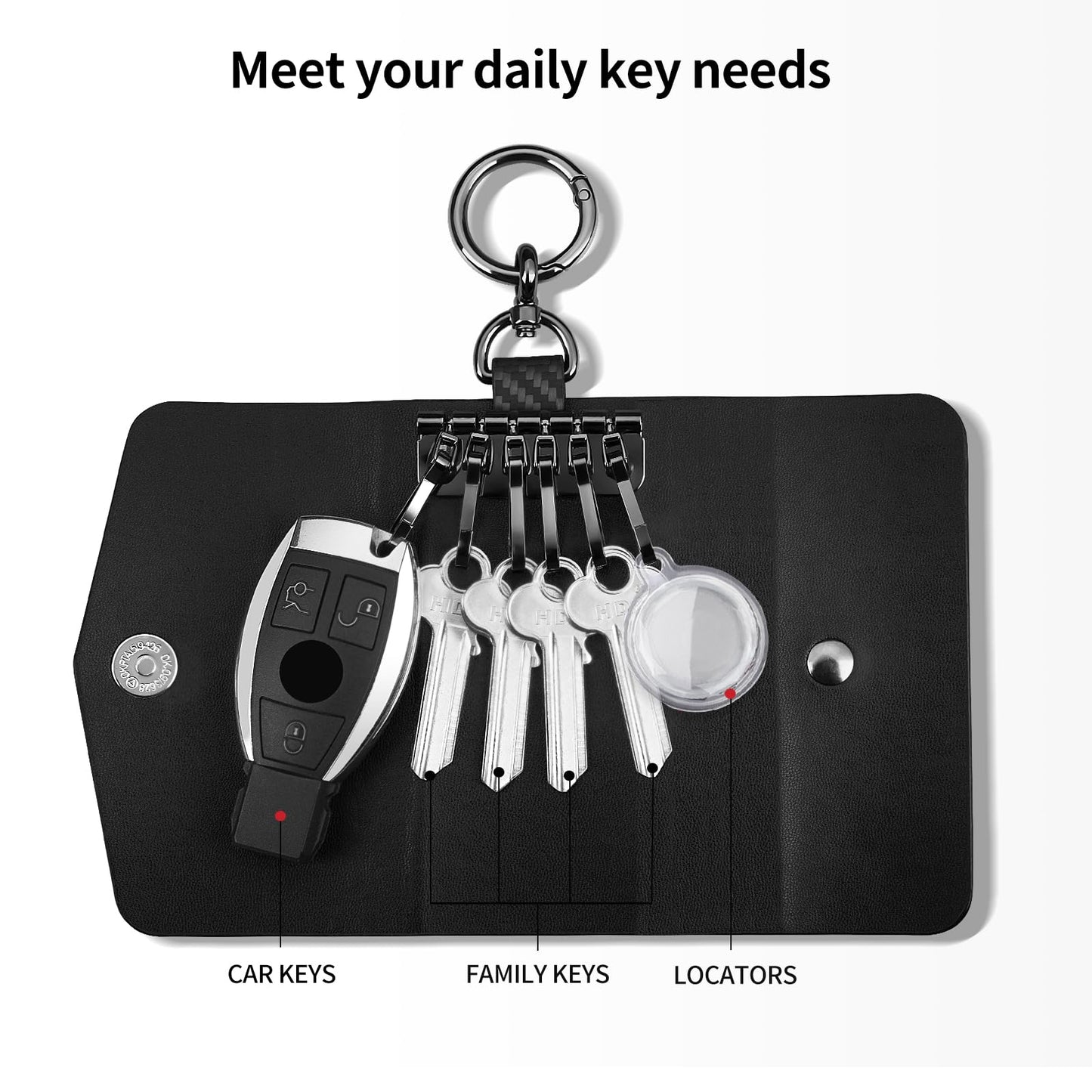 Leather Key Holder Wallet with 6 Hooks, Carbon Fiber Pattern Portable Keychain Pouch for Men, Women