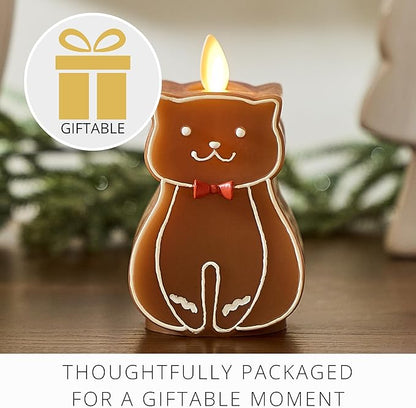 Luminara Flickering Flameless Candle 2.5" x 4.3", Battery Operated & Timer Function, Remote Ready (Sold Separately), Gingerbread Cat Moving Flame LED Light Figural Candle for Christmas Holiday Display