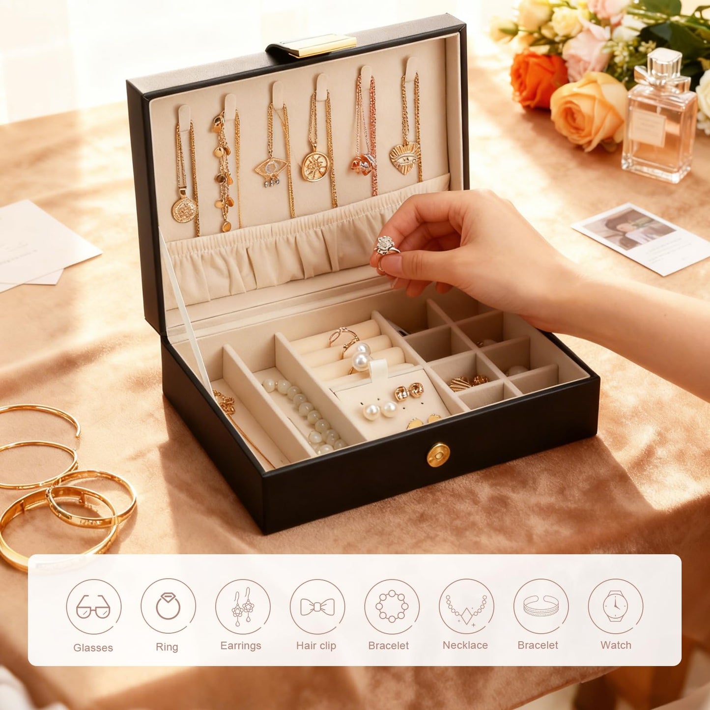V-LAFUY Leather Strap Closure Jewelry Box Single Layer Organizer Case for Necklaces, Earrings, Rings, Compact for Travel & Home Storage Black
