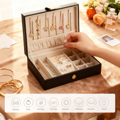 V-LAFUY Leather Strap Closure Jewelry Box Single Layer Organizer Case for Necklaces, Earrings, Rings, Compact for Travel & Home Storage Black