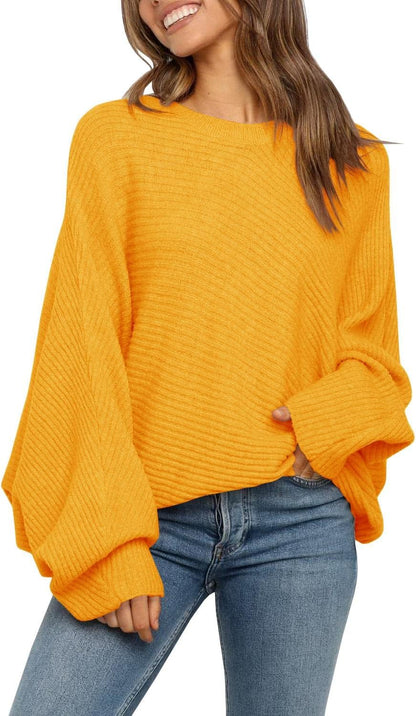 Mafulus Women's Oversized Crewneck Sweater Batwing Puff Long Sleeve Cable Slouchy Pullover Jumper Tops