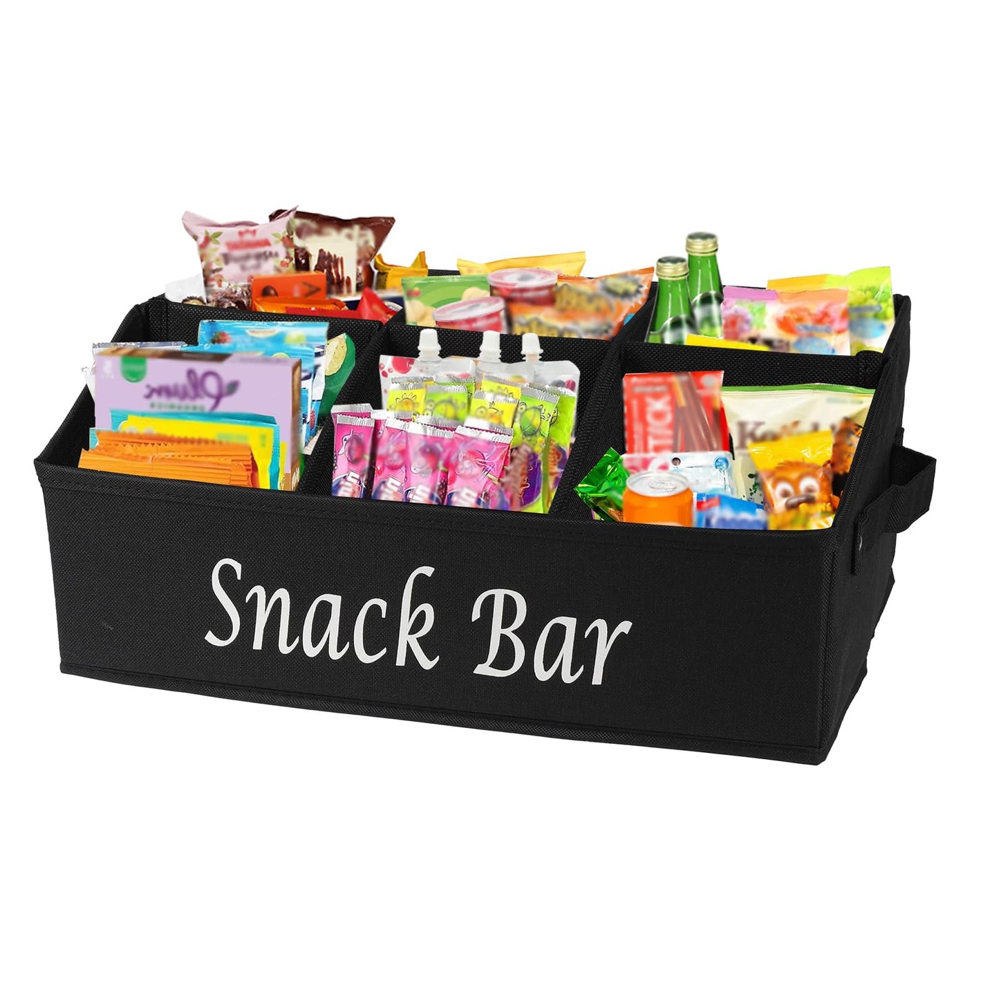 Gdfjiy Snack Organizer for Countertop, Trapezoid Fabric Snack Bin Holder with Side Handles, 6 Compartment Snack Basket Container, Lightweight Snack Bar Station Organizer, Kitchen Pantry Storage-Black