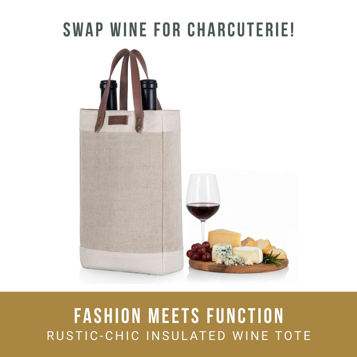 LEGACY - a Picnic Time brand - Pinot Jute 2 Bottle Insulated Wine Bag - Wine Tote Bag - Wine Gift Bag, (Beige)