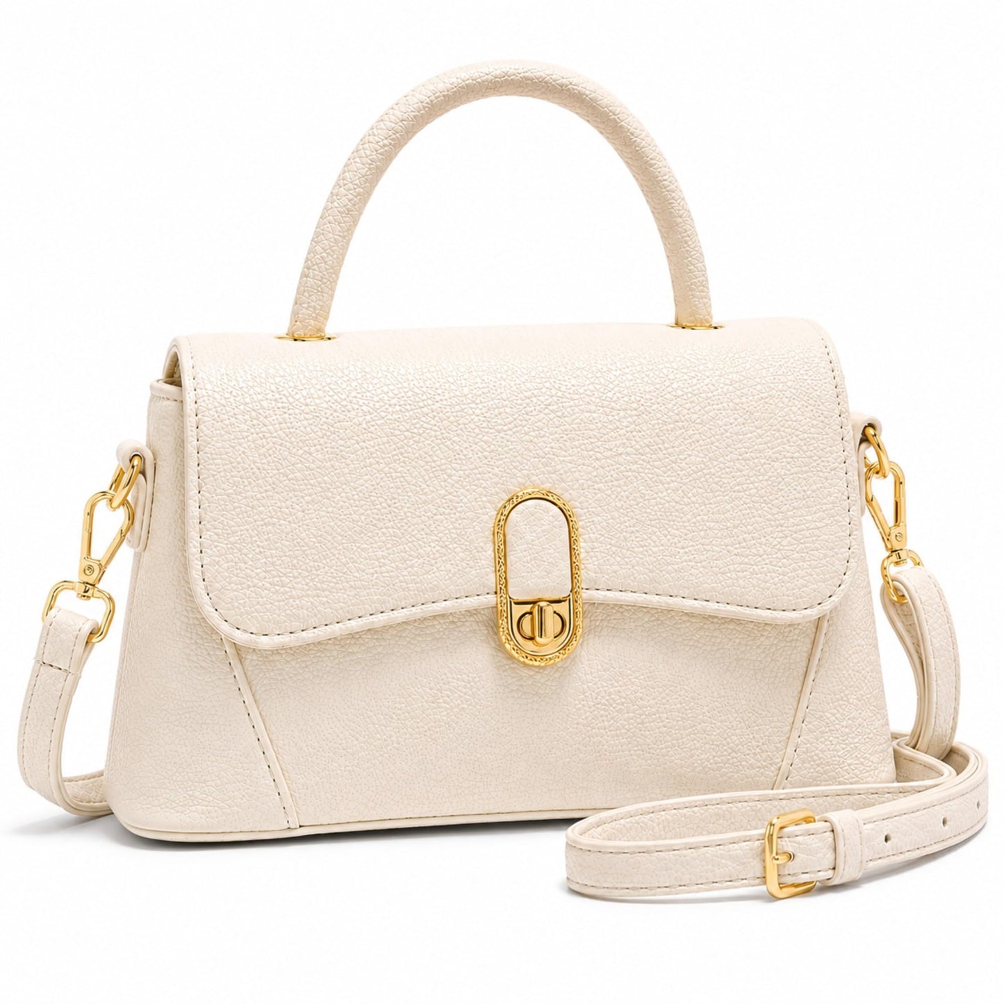Crossbody Bag for Women Small Satchel Purse, Pebbled PU Leather Handbag with Top Handle, Adjustable Strap, Gold Turn Lock, Zip Pocket, White Everyday Shoulder Bag