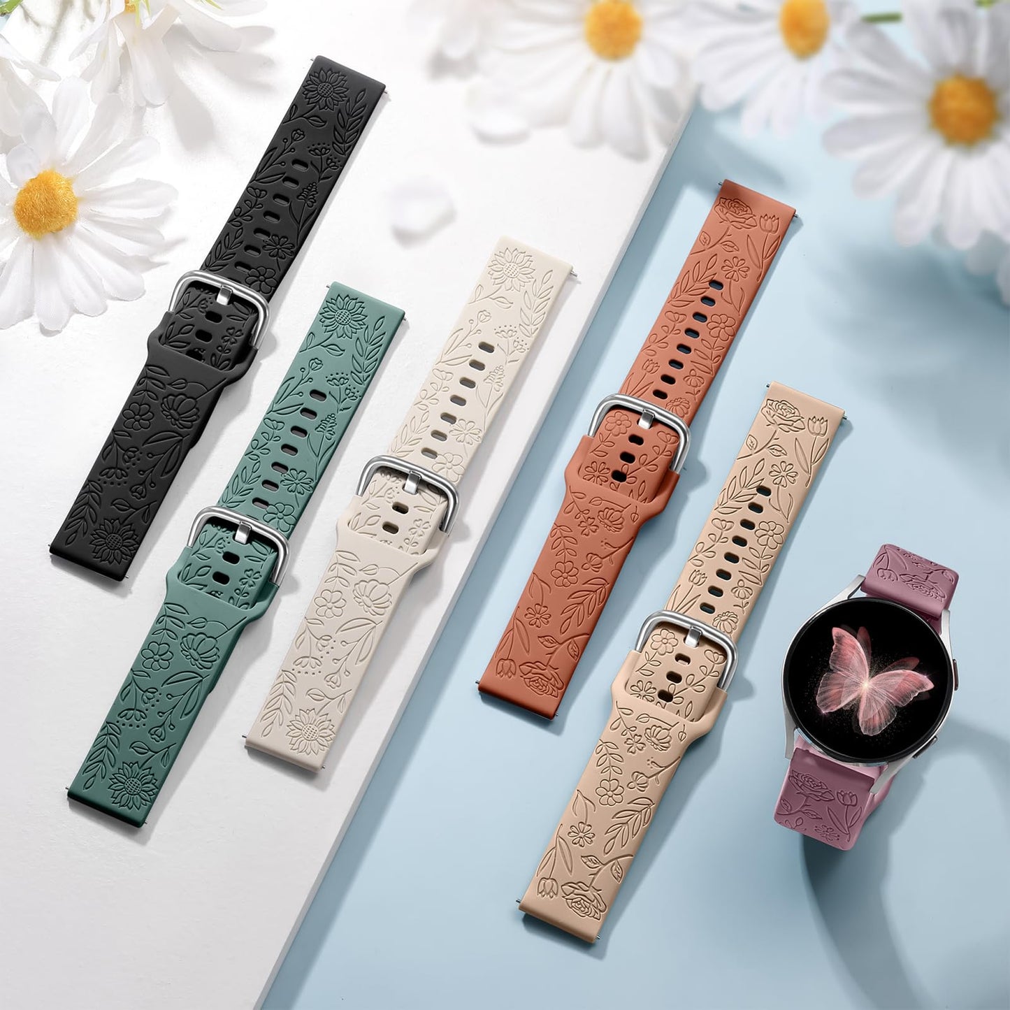 SNBLK Floral Engraved Bands Compatible with Samsung Galaxy Watch 7 Band 6 5 4 Active 2 40mm 44mm/5 Pro/Watch 6/4 Classic, 6Pack 20mm Cute Flower Soft Silicone Sport Strap for Samsung Watch Bands Women