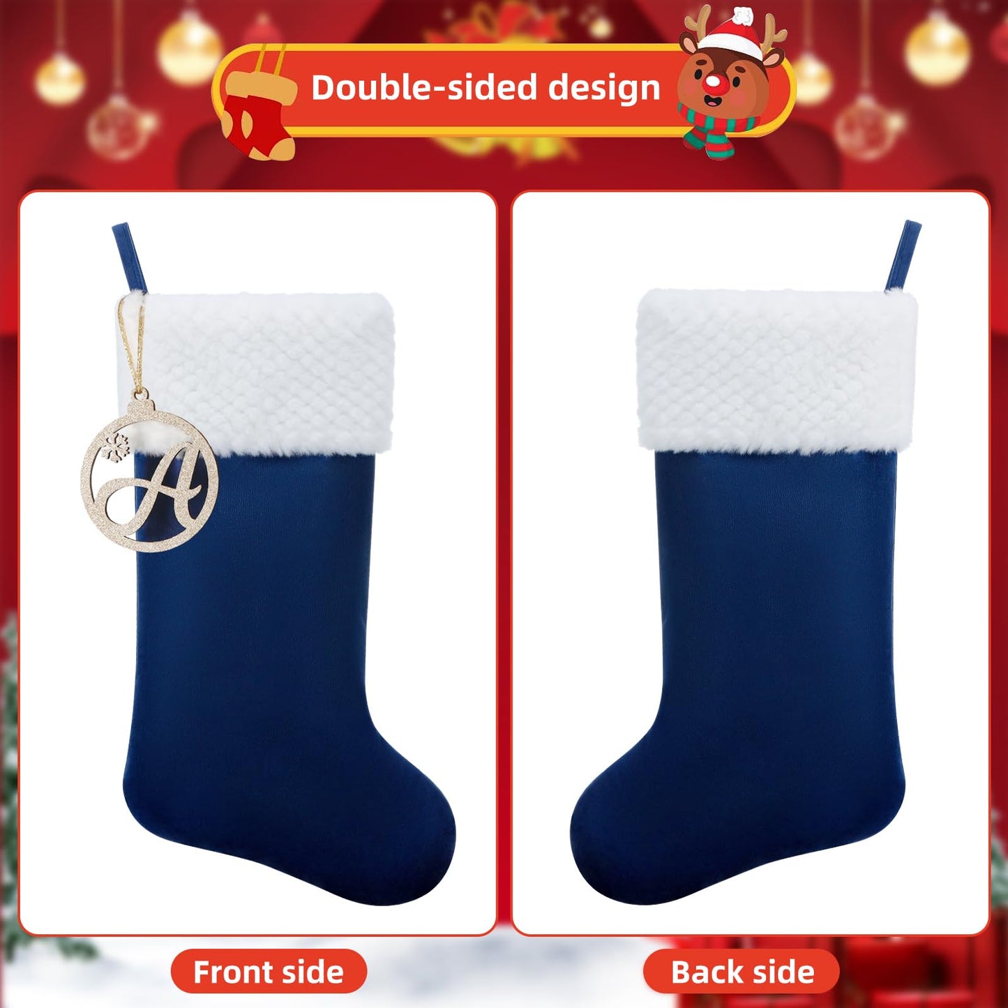 Pxniy Personalized Christmas Stocking, 19.5 Inch Blue Velvet Christmas Stocking with Gold Wooden Letter Ornament - Fireplace Holiday Decor (Blue M)