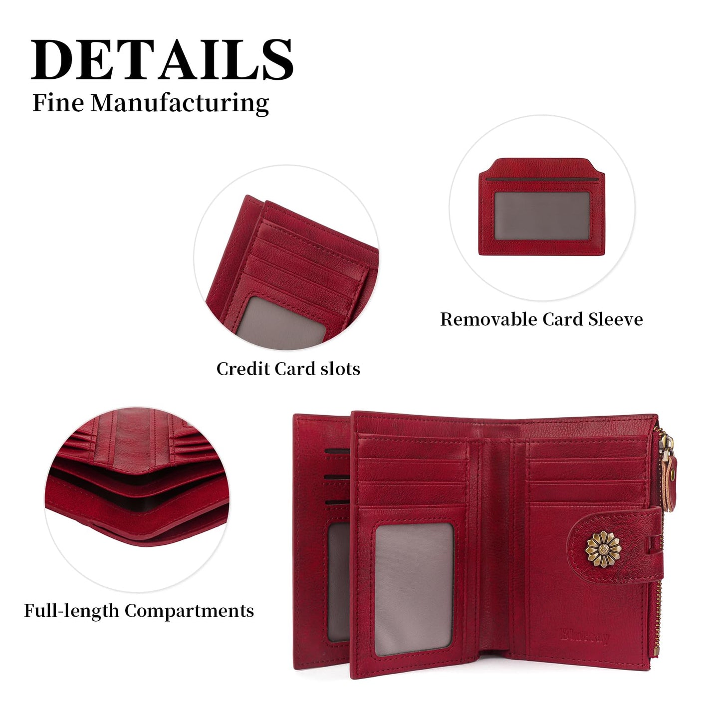 Blucoay Wallet Women,RFID Blocking Real Leather Womens Wallet Bifold Compact Card Holder Small Wallet for Women with Removable ID Window Red