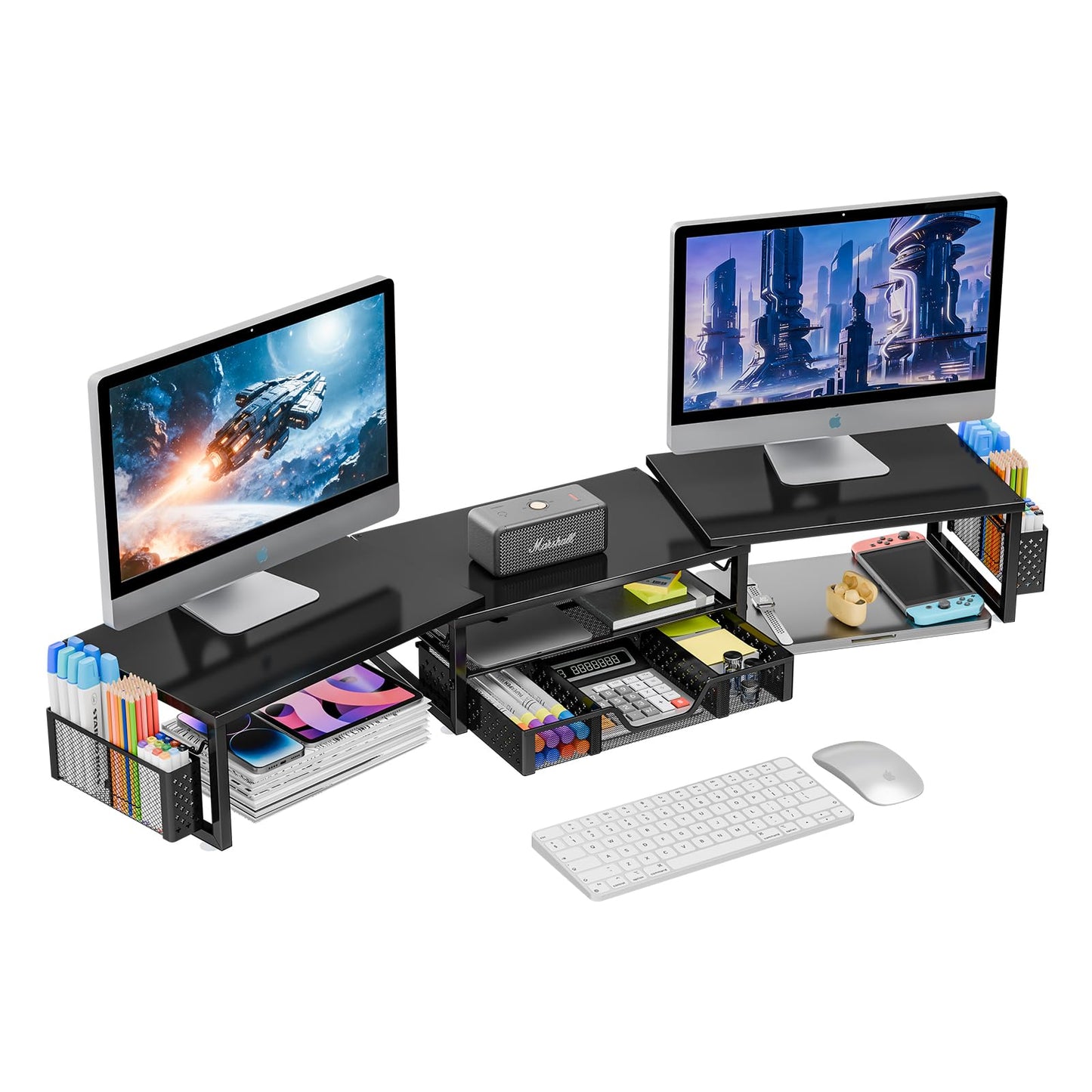Simple Trending Desk Organizers and Accessories, Dual Monitor Stand Riser with Drawer and 2 Pen Holder, Shelf for Top of Desk, Black