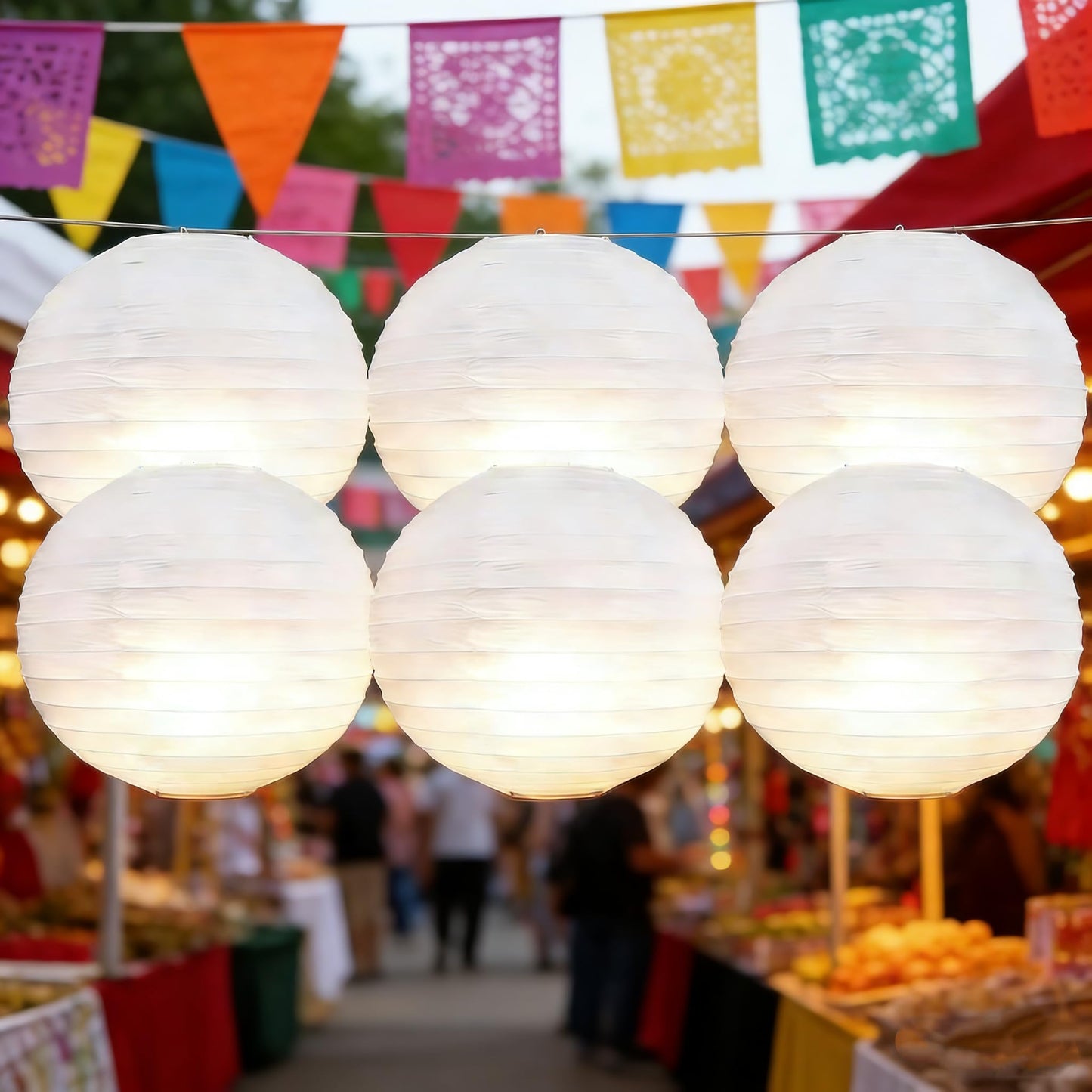 6Pcs Paper Lanterns White with LED Lights,12 in Round Lantern Hanging Paper Lanterns Lamp for Birthday, Wedding, Christmas, Bridal, Home Decor, Party Decoration
