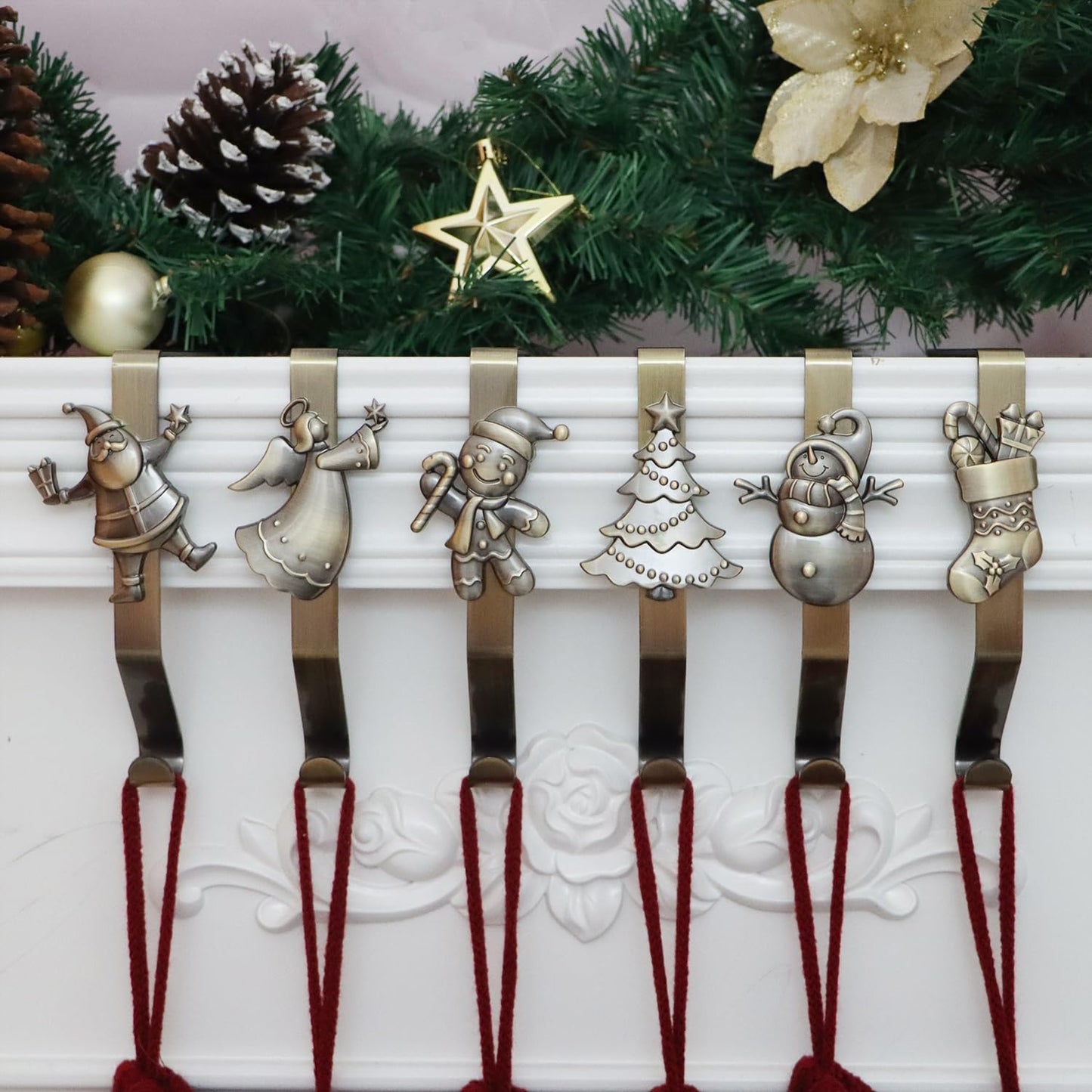 Christmas Stocking Holder for Mantle Set of 6, Reusable Christmas Stocking Hooks, No-Damage Xmas Hanger for Fireplace mantle Grip Stand Christmas Decoration Ornaments Hanging Bronze Shelf Floor