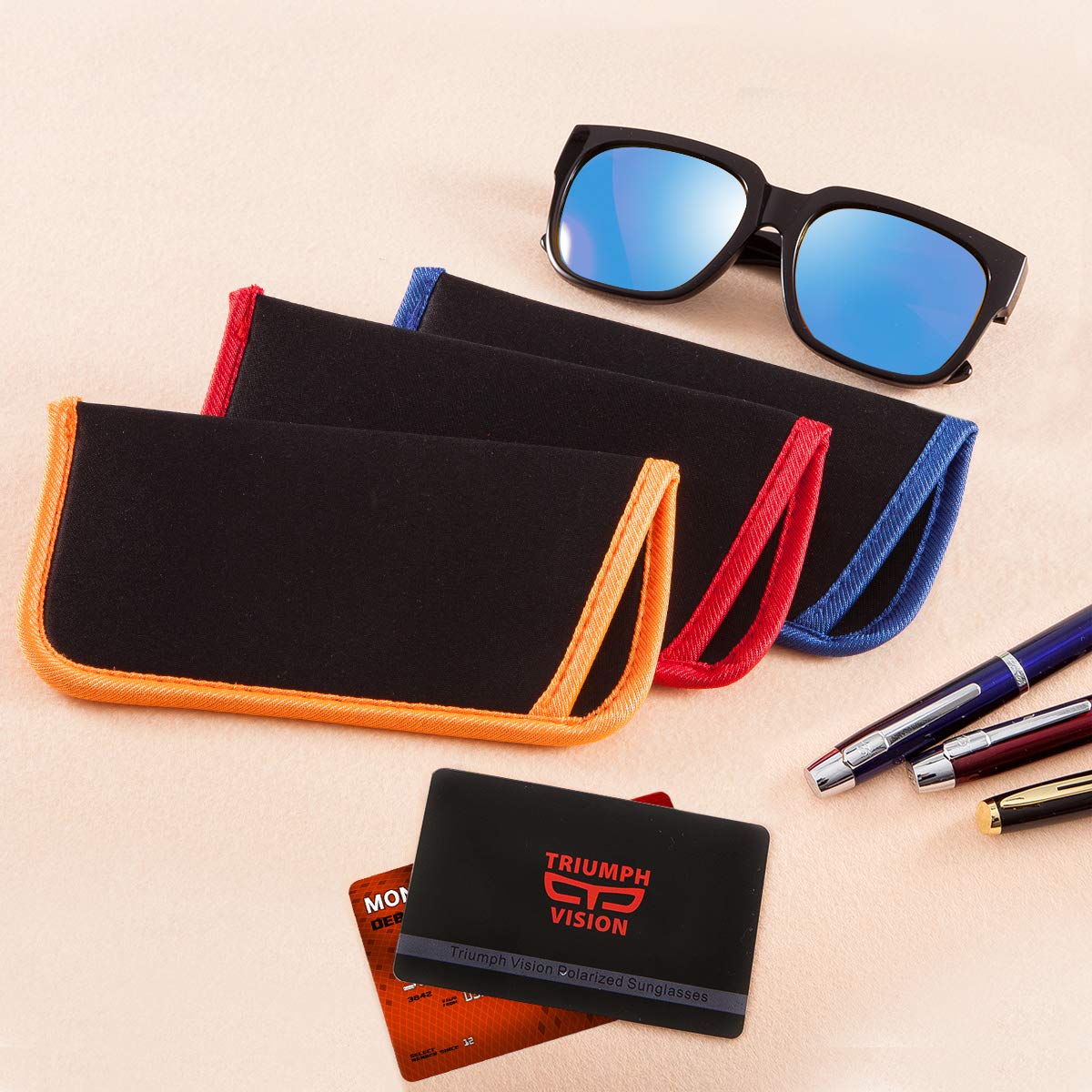 TRIUMPH VISION 3 Pack Reading Glasses Pouch - Soft Eyeglasses Bag Portable Neoprene Sleeve Eyewear Case (3 Pack, Blue Orange Red, Small)