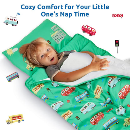 Safotad Toddler Nap Mat with Pillow and Blanket, Soft Sleeping Bag for Kids Boys and Girls, Slumber Bags Kids for Preschool, Daycare, Travel, Camping, 54" x 33" Great for Ages 3-6(Green)